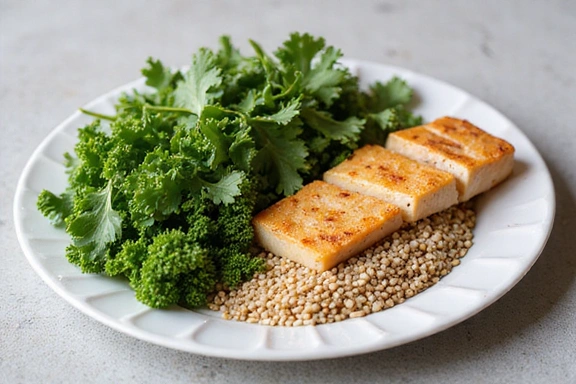 Comida saludable y equilibrada en un plato, con verduras y proteínas.