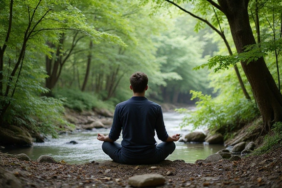 Hombre meditando en la naturaleza, simbolizando paz y bienestar.