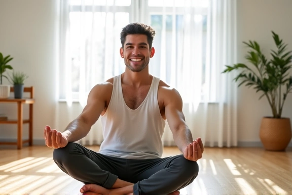 Hombre joven sonriendo y haciendo yoga, representando equilibrio y paz mental.