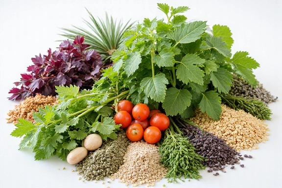 Variedad de plantas medicinales y hierbas, simbolizando remedios naturales.