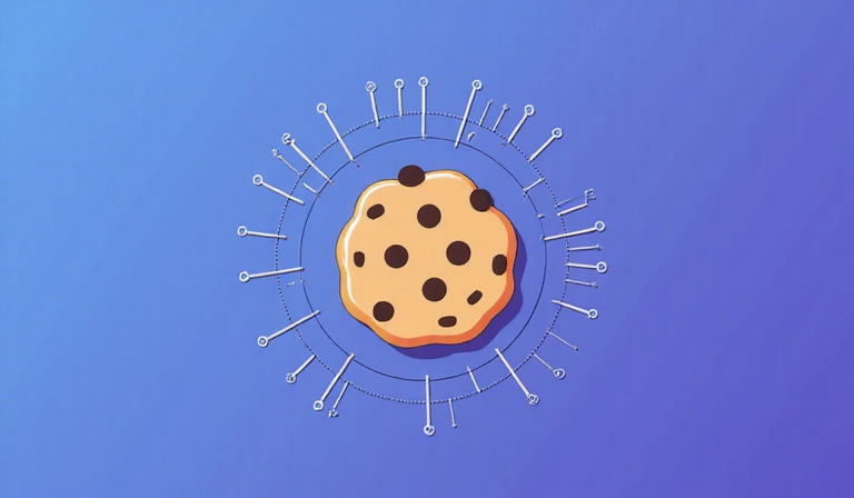 Ilustración de una galleta de internet y datos fluyendo