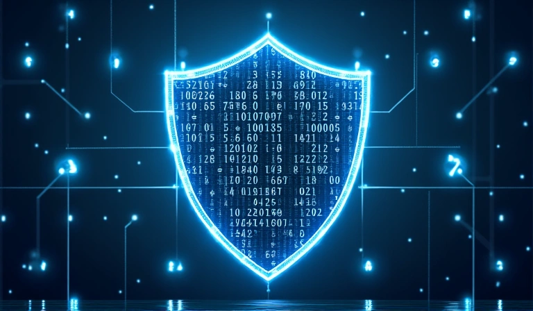 Representación visual de la seguridad de datos con un escudo y datos cifrados