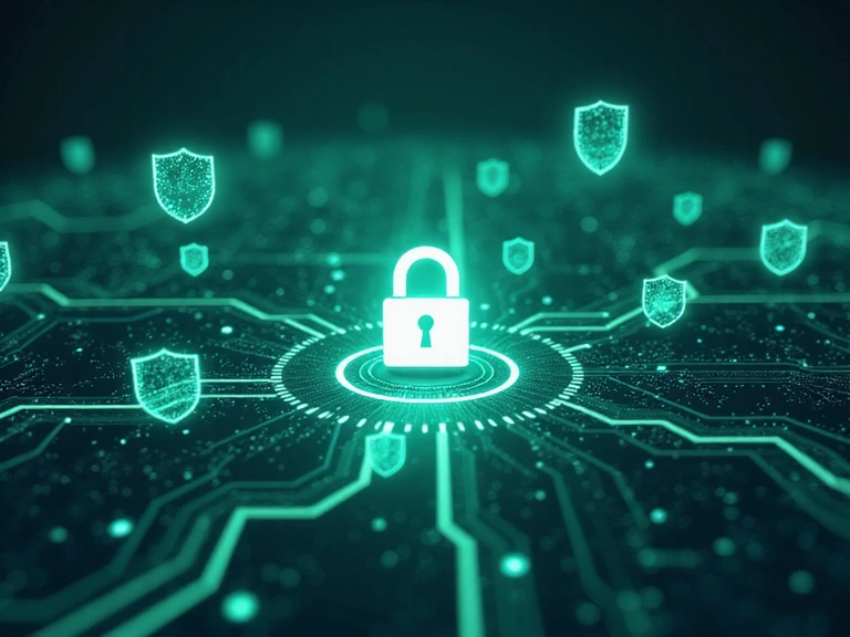 Ilustración de seguridad de datos con candado digital y escudos flotantes.