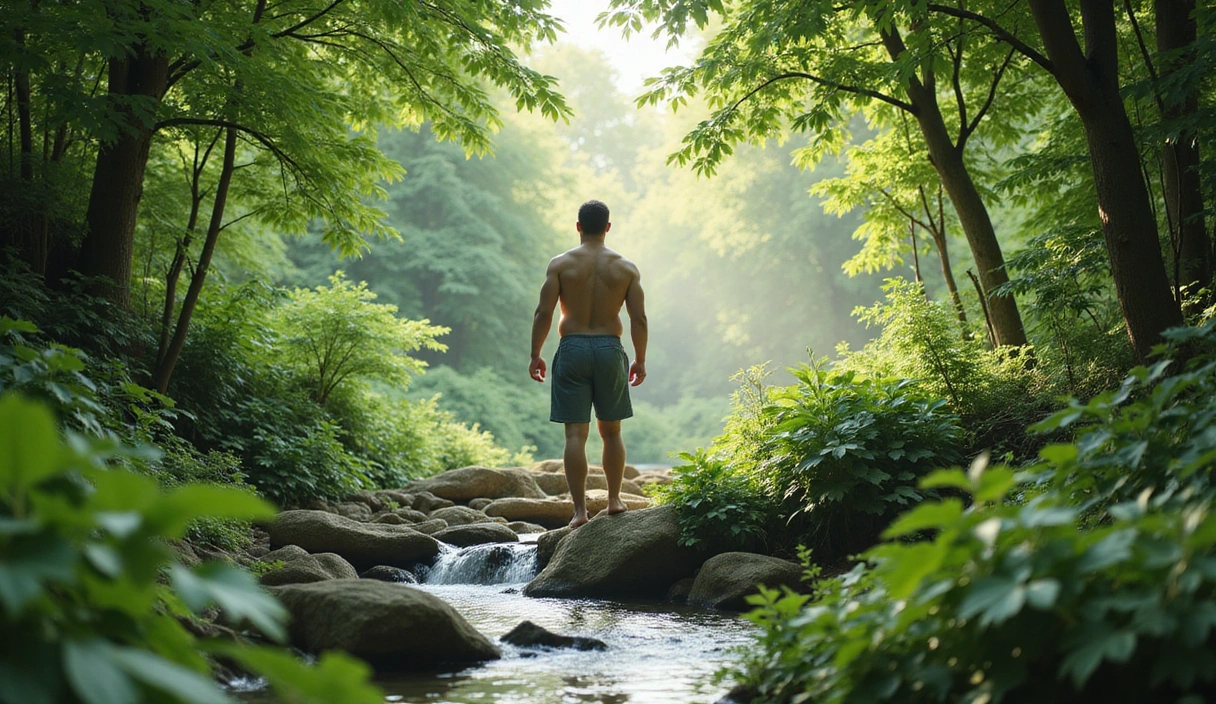 Ilustración de la misión de CatalVerdoFortisMart: naturaleza exuberante, un hombre sereno y fuerte en armonía con el entorno, y elementos que simbolizan sostenibilidad y bienestar. Sin texto ni símbolos de marcas.