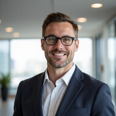 Retrato profesional de un hombre sonriente, de unos 40 años, con gafas, en un entorno luminoso y moderno. Sin texto ni logos.
