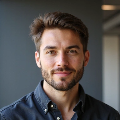 Retrato profesional de un hombre joven, de unos 20 años, con barba cuidada, en un entorno creativo o de marketing. Sin texto ni logos.