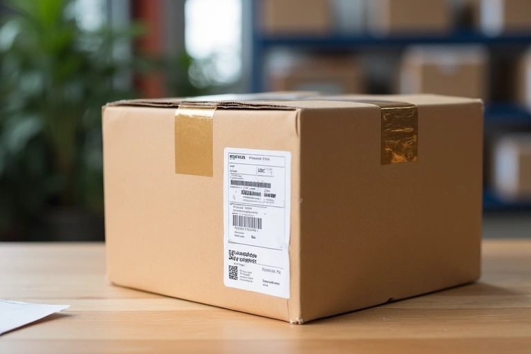 Caja de envío con etiquetas de dirección