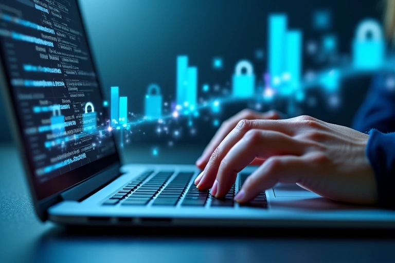 Manos escribiendo en un teclado de ordenador con símbolos de seguridad en pantalla